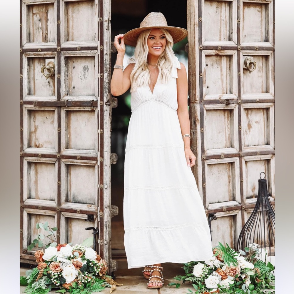 Hazel & Olive x Jess Crum Ivory Cream Linen Like Deep V Tie Strap Maxi Dress